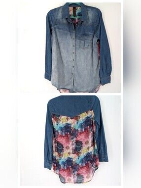 Aratta Silent Journey Floral Chambray Button Up Blouse Top Mixed media Small